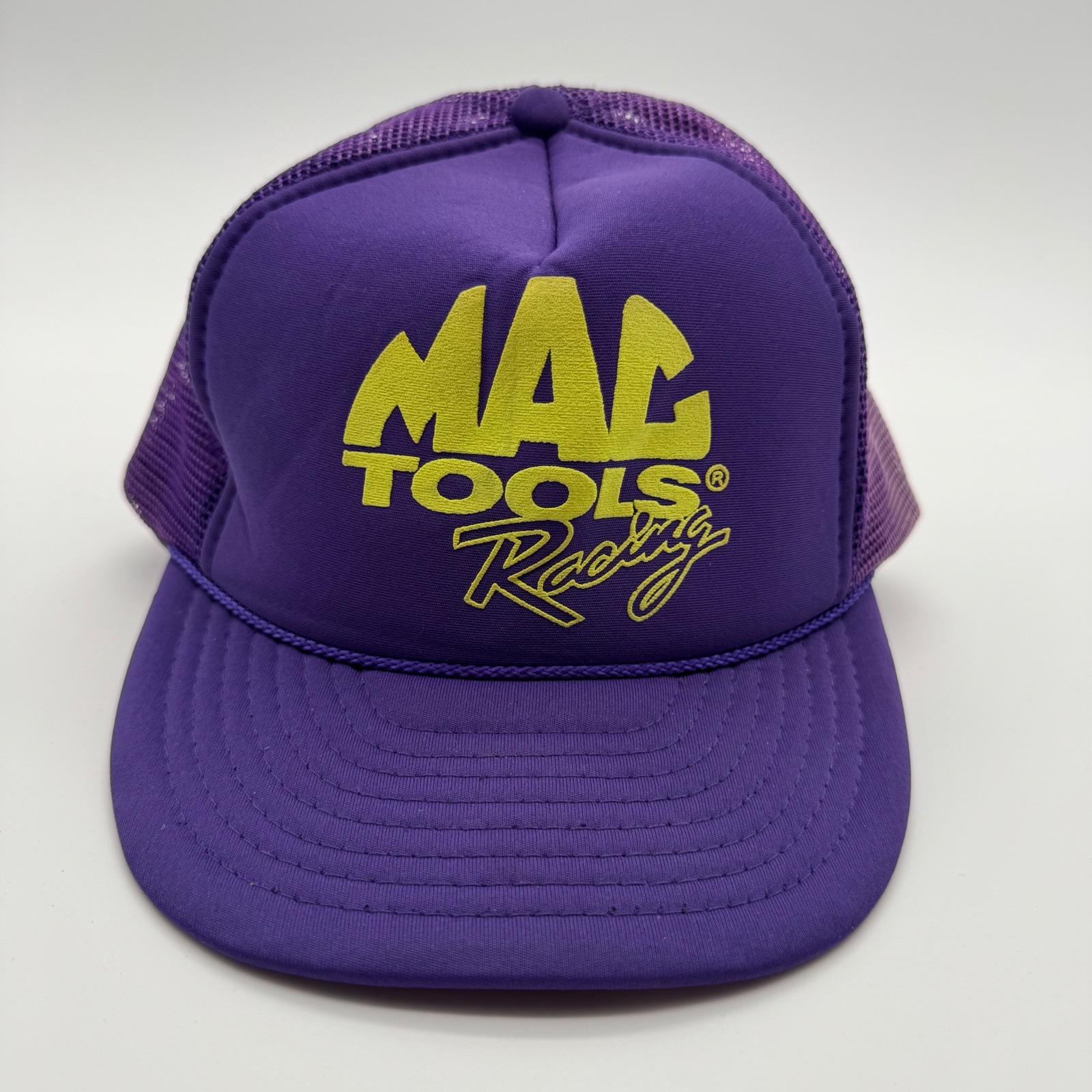 Vintage Mac Tools Racing Trucker Hat Purple Yellow Snapback Mesh Cap Nissin